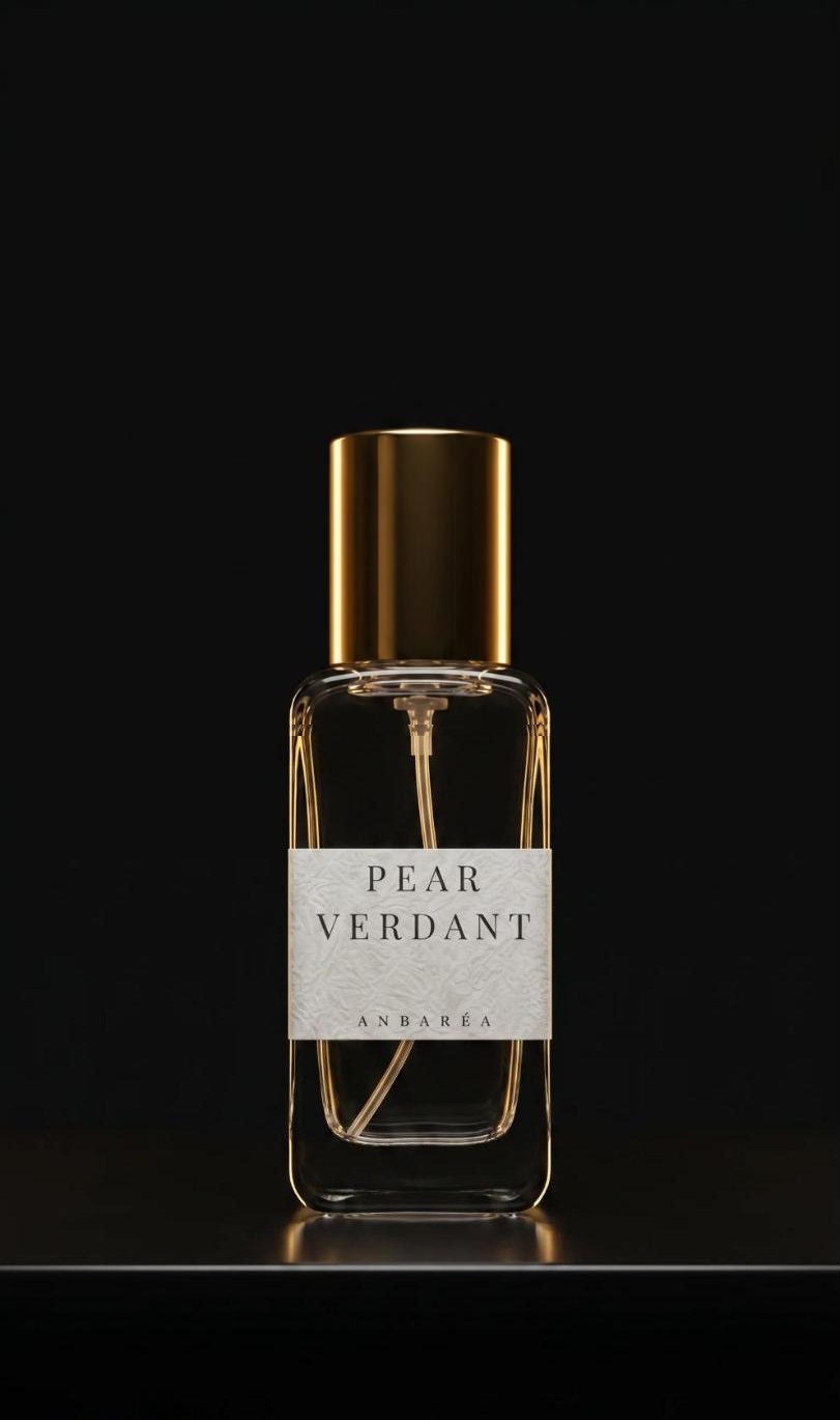 Pear Verdant bottle in low warm light against a dark backdrop