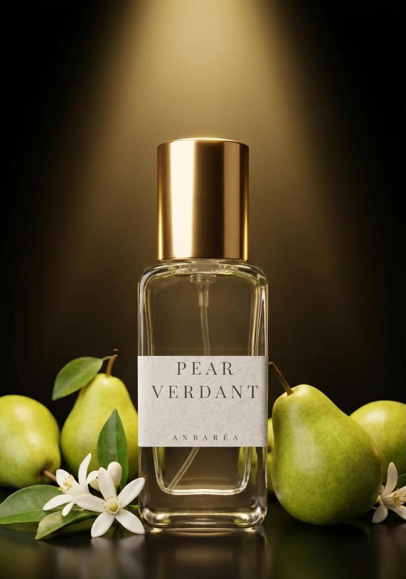 Pear Verdant bottle backlit by a soft golden glow