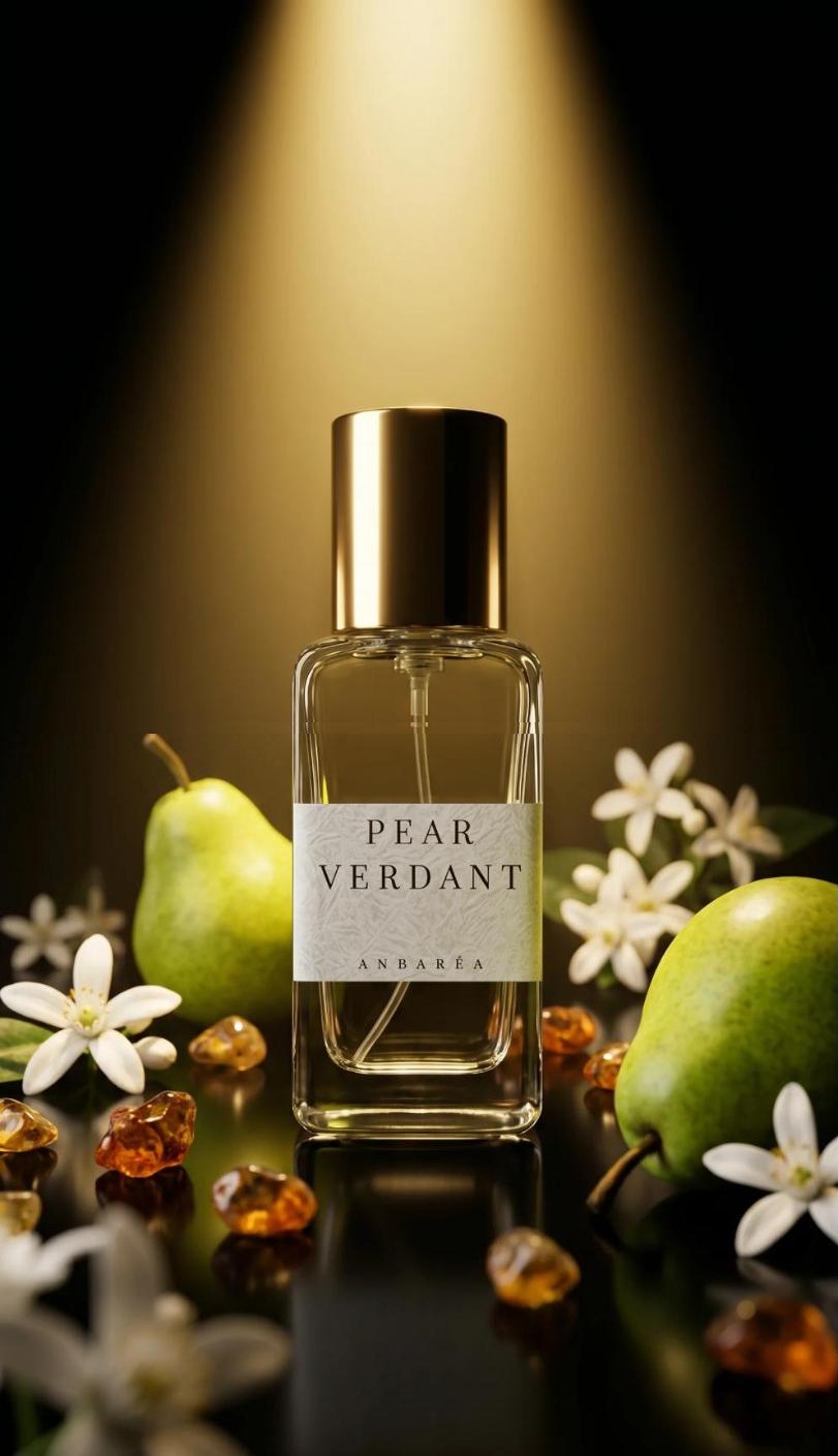 Pear Verdant bottle in golden light surrounded by fresh green pears and white blossoms
